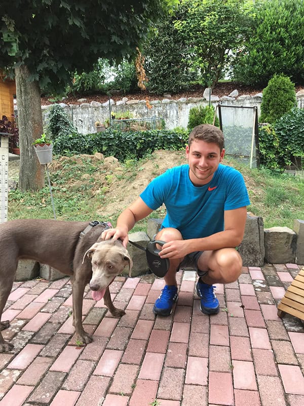 Hund und junger Mann im Garten, entspannter Hund, freundliches Treffen, Natur, Hobby, Outdoor, Freude, Haustier, Familie, Hundespaziergang.